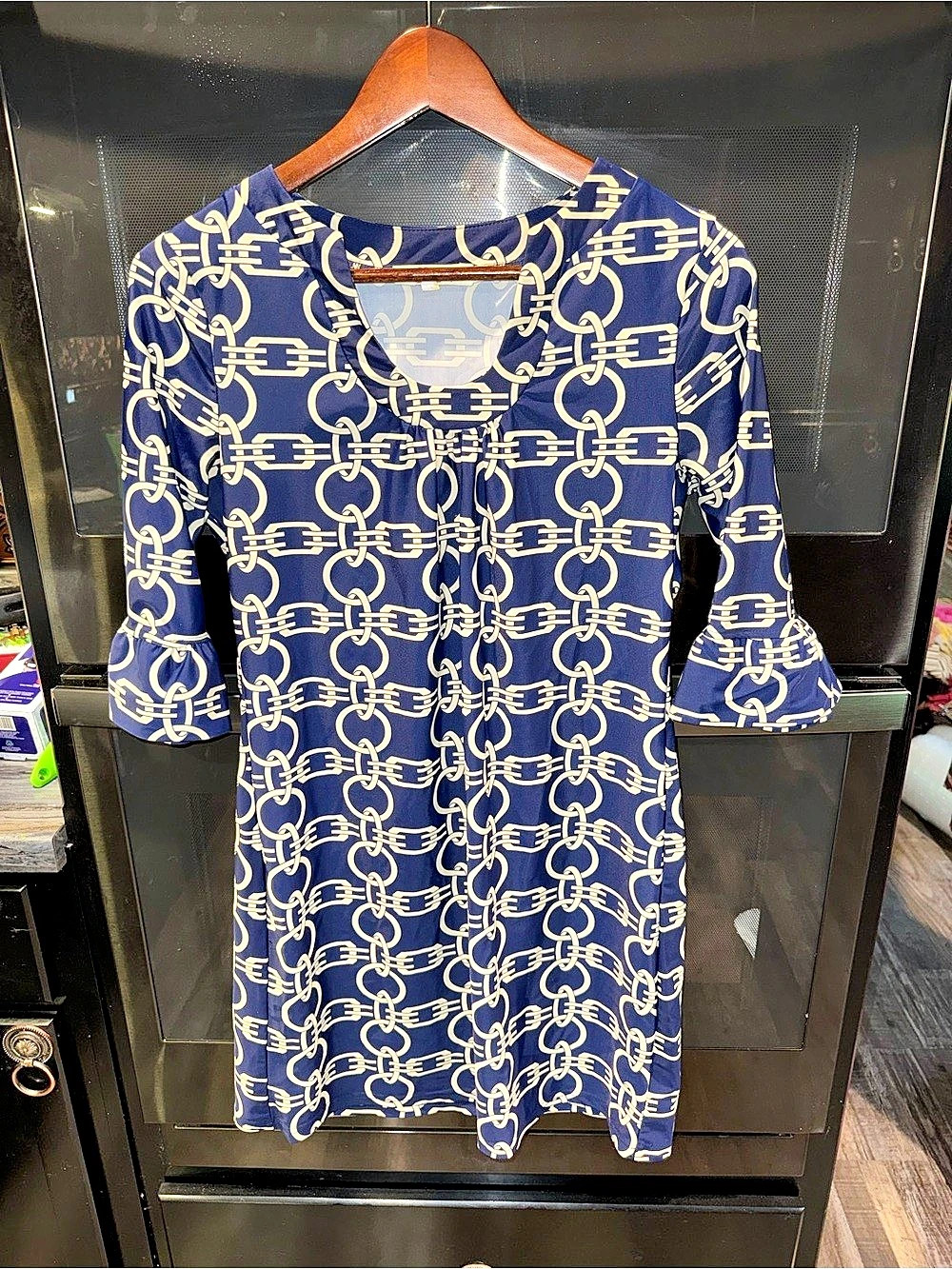 Chain Print Mini Dress in Blue & Cream